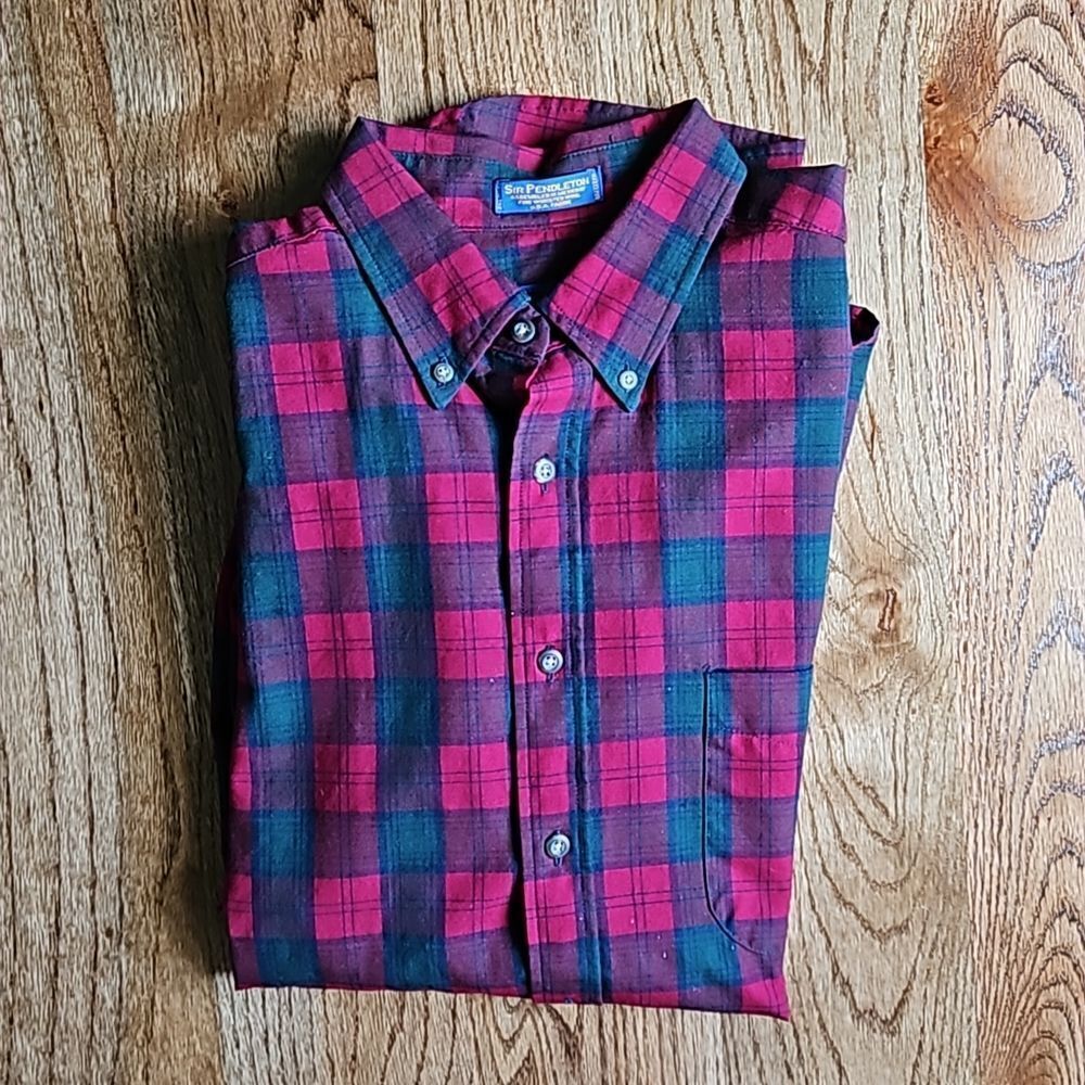 PENDLETON 100% WOOL Lindsay Tartan Green and Red Button Down Shirt, Size L